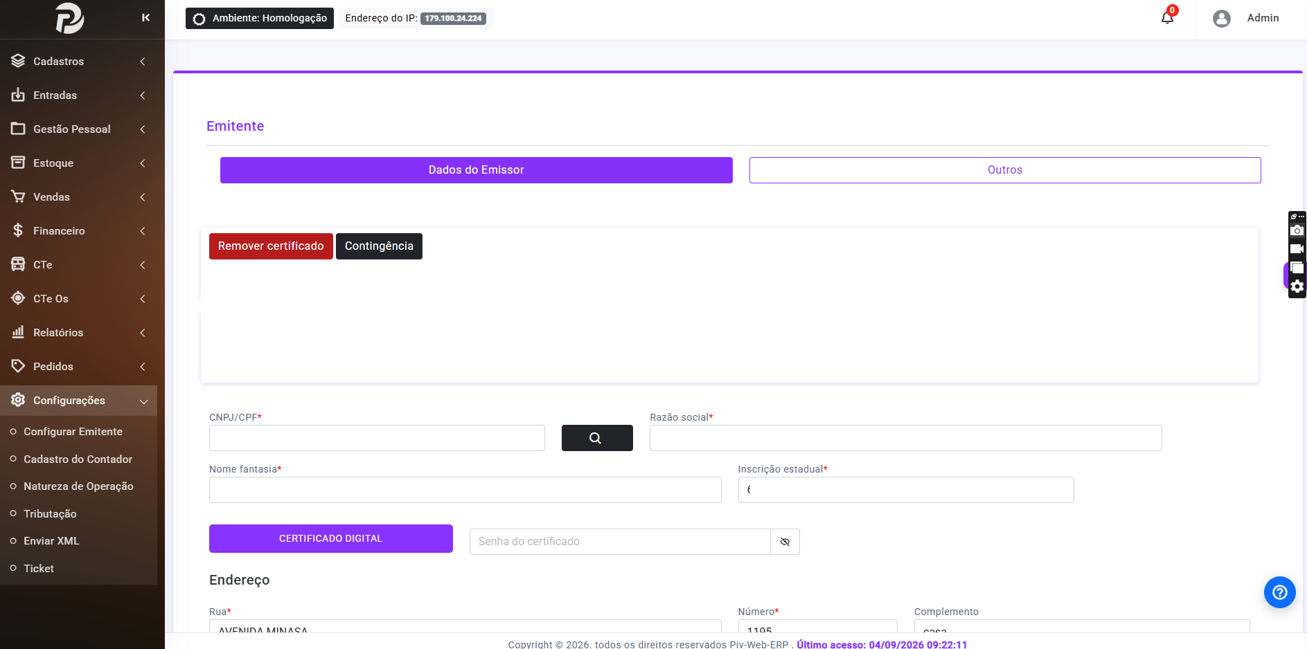 Tela real de Configurações do Piv-Web
